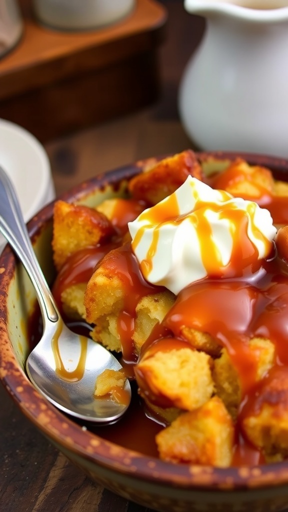 Caramel Bread Pudding Recipe Warm caramel bread pudding with caramel sauce and whipped cream in a rustic dish.